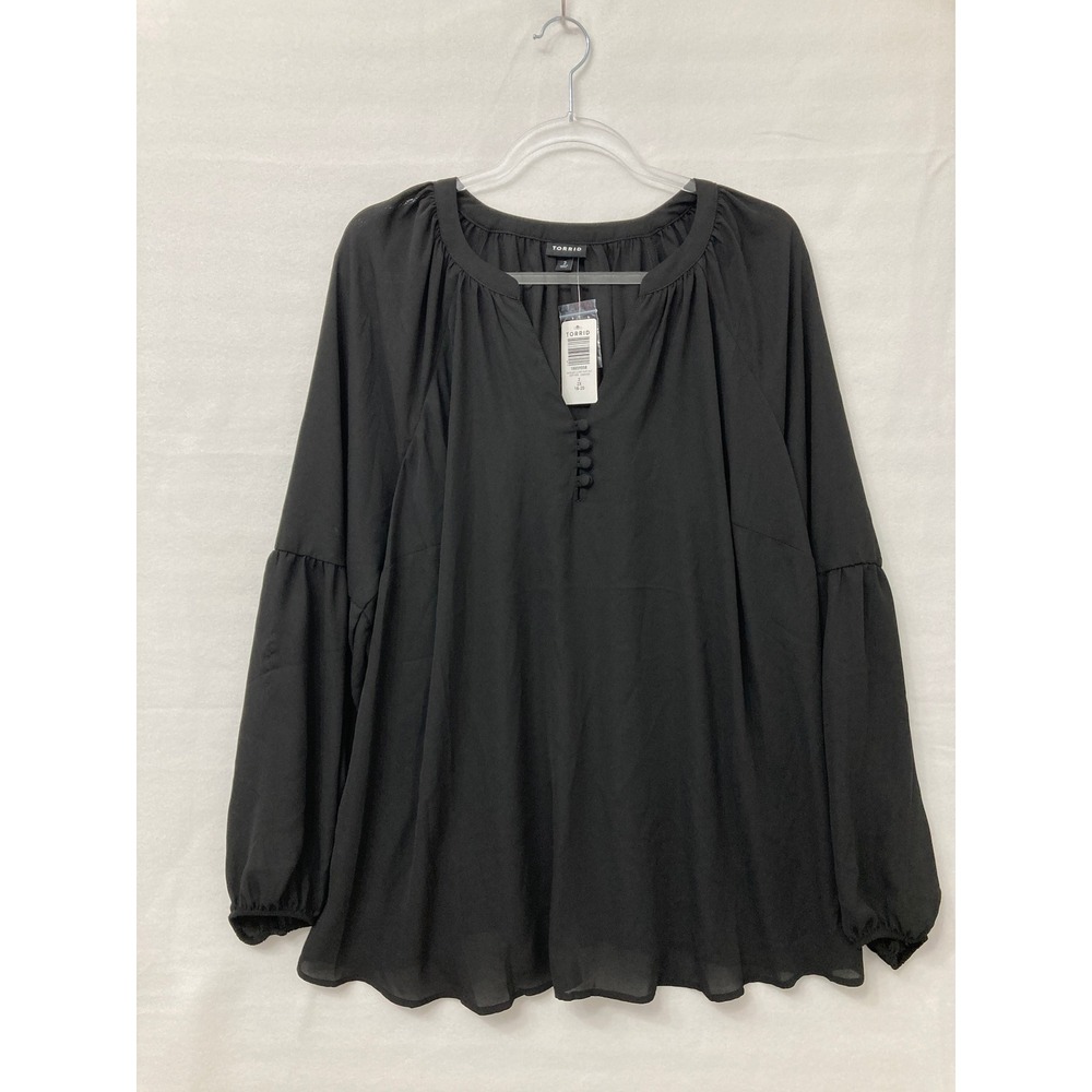 NWT Torrid Blouse Size 2X Black Georgette Puff Sleeve Split Neck Comfy Casual